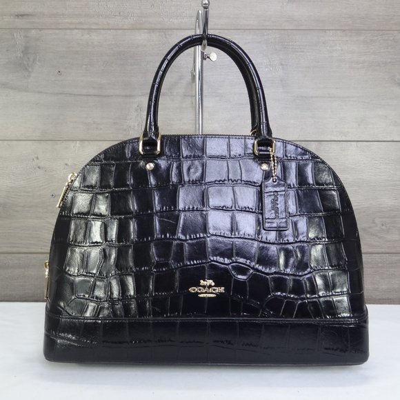 Coach F38954 Black Leather Croc Embossed Sierra Satchel Handbag Hobo Tote